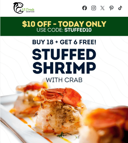 $10 off our stuffed shrimp